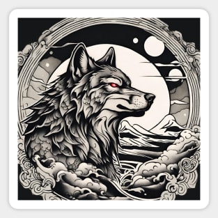 Vintage Japanese Tattoo Art Moonlight Mountain Wolf Magnet